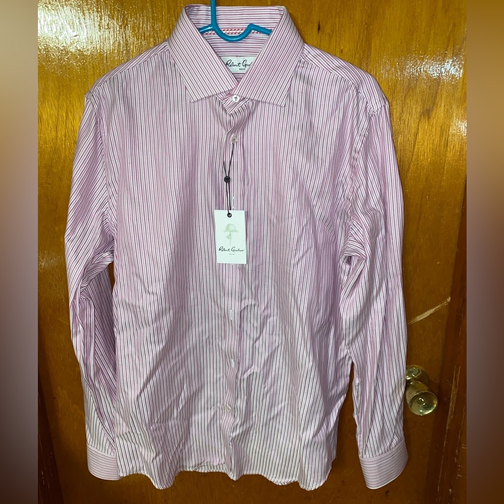 Robert Graham Men’s Button Down Shirt 16.5 Neck With Pink and White Stripe
